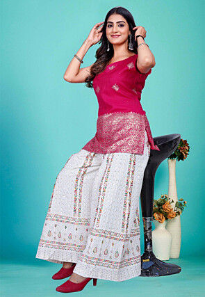 Woven Art Silk Kurti in Fuchsia