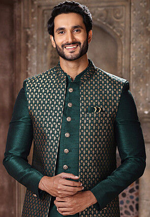 Woven Art Silk Layered Sherwani in Dark Green