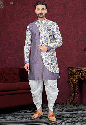 Woven Art Silk Layered Sherwani in Purple and Cream