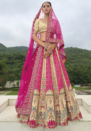 Woven Art Silk Lehenga in Beige and Pink