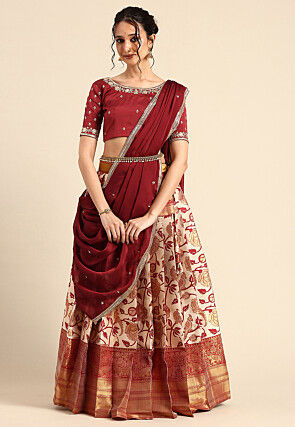 Woven Art Silk Lehenga in Beige