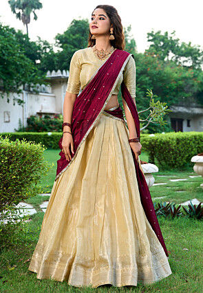 Woven Art Silk Lehenga in Beige