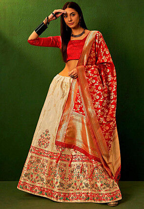 Woven Art Silk Lehenga in Beige