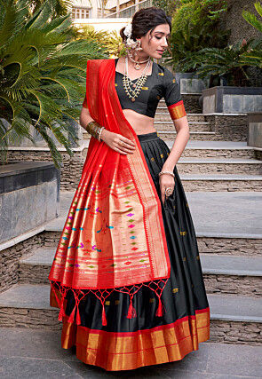 Woven Art Silk Lehenga in Black