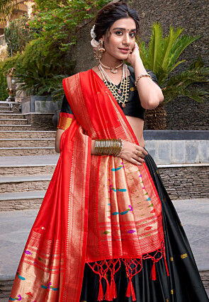 Woven Art Silk Lehenga in Black
