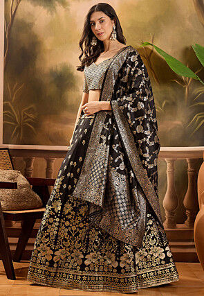 Woven Art Silk Lehenga in Black