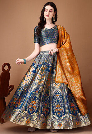 Woven Art Silk Lehenga in Blue