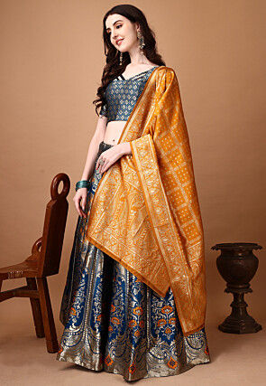 Woven Art Silk Lehenga in Blue