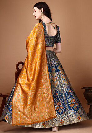 Woven Art Silk Lehenga in Blue