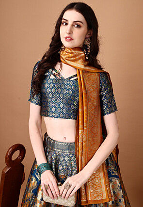 Woven Art Silk Lehenga in Blue