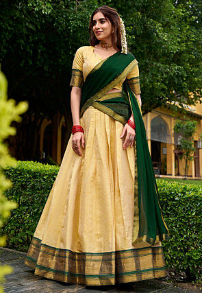Woven Art Silk Lehenga in Cream