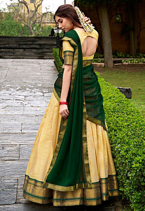 Woven Art Silk Lehenga in Cream