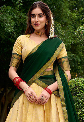 Woven Art Silk Lehenga in Cream