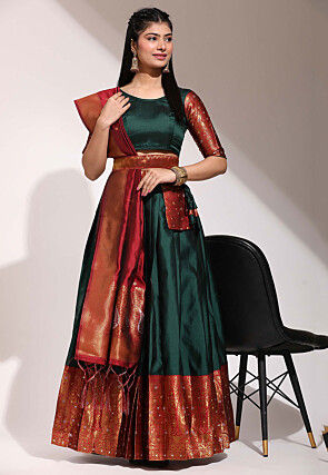 Woven Art Silk Lehenga in Dark Green