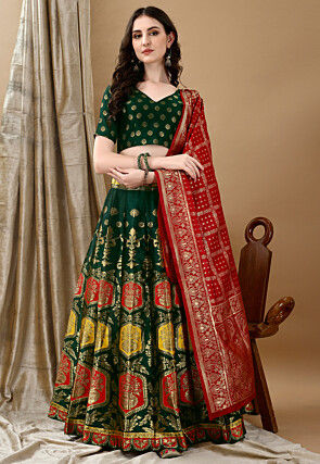 Woven Art Silk Lehenga in Dark Green