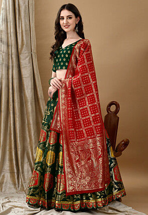 Woven Art Silk Lehenga in Dark Green