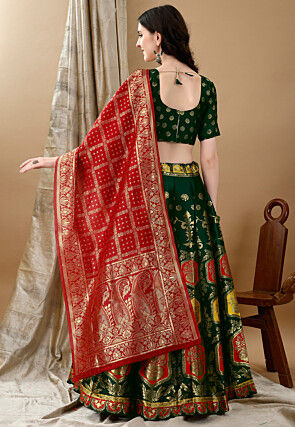 Woven Art Silk Lehenga in Dark Green