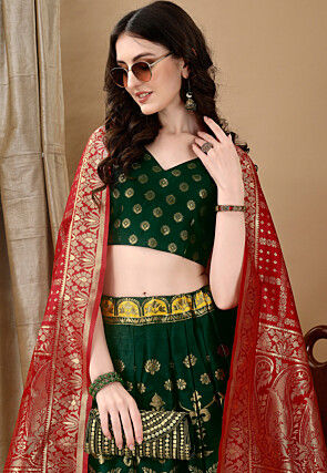 Woven Art Silk Lehenga in Dark Green