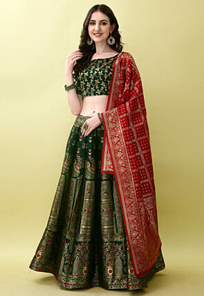 Woven Art Silk Lehenga in Dark Green