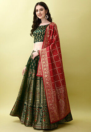 Woven Art Silk Lehenga in Dark Green