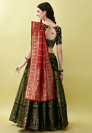 Woven Art Silk Lehenga in Dark Green