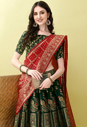 Woven Art Silk Lehenga in Dark Green