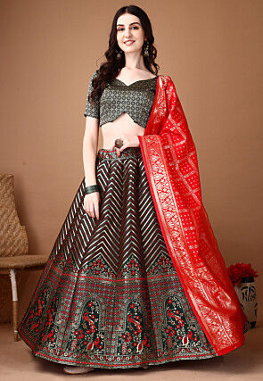 Woven Art Silk Lehenga in Dark Green