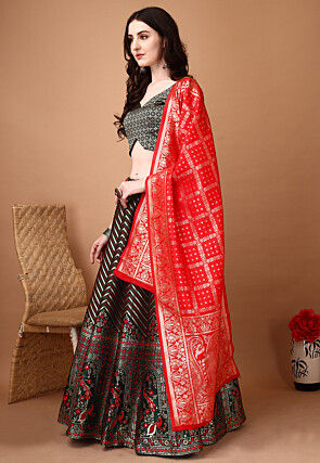Woven Art Silk Lehenga in Dark Green