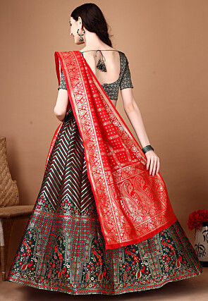 Woven Art Silk Lehenga in Dark Green
