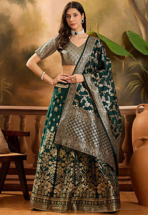 Woven Art Silk Lehenga in Dark Green