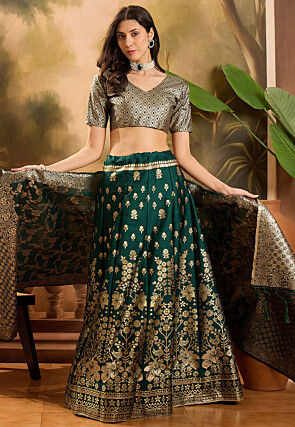 Woven Art Silk Lehenga in Dark Green