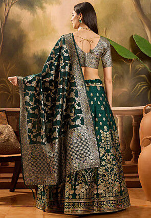 Woven Art Silk Lehenga in Dark Green