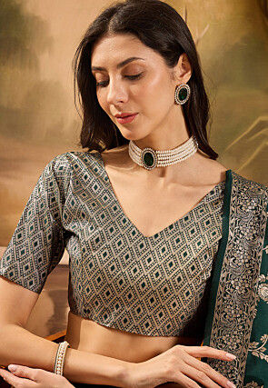 Woven Art Silk Lehenga in Dark Green