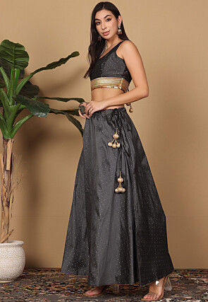 Woven Art Silk Lehenga in Dark Grey