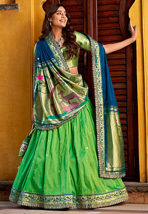Woven Art Silk Lehenga in Green