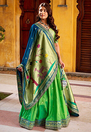 Woven Art Silk Lehenga in Green