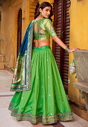 Woven Art Silk Lehenga in Green