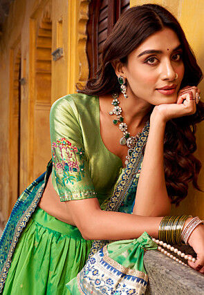 Woven Art Silk Lehenga in Green
