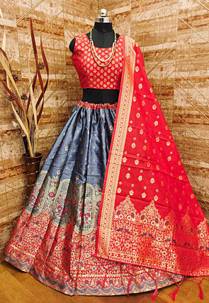 Woven Art Silk Lehenga in Grey