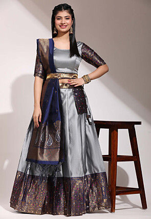 Woven Art Silk Lehenga in Grey