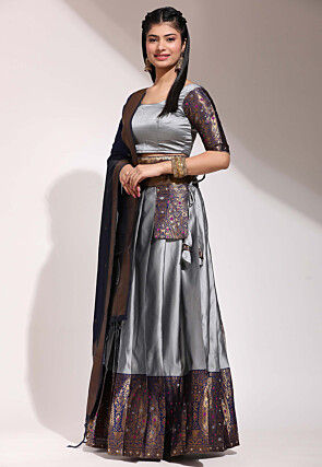 Woven Art Silk Lehenga in Grey