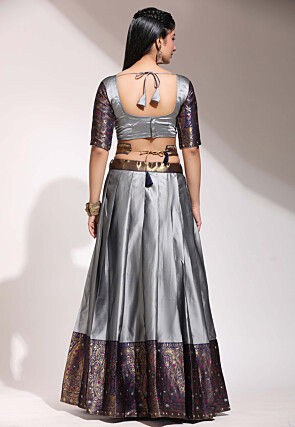 Woven Art Silk Lehenga in Grey