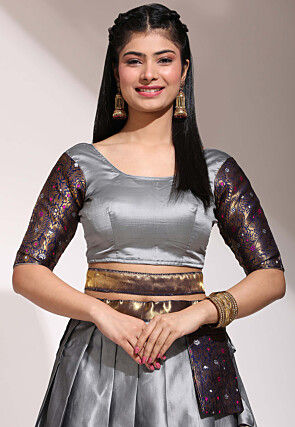 Woven Art Silk Lehenga in Grey