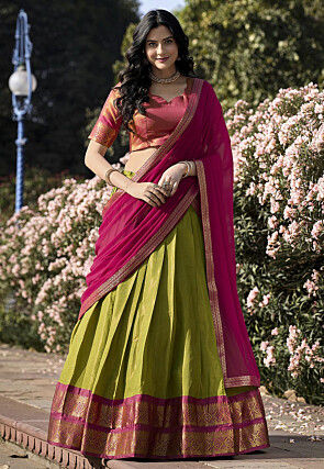 Woven Art Silk Lehenga in Light Olive Green