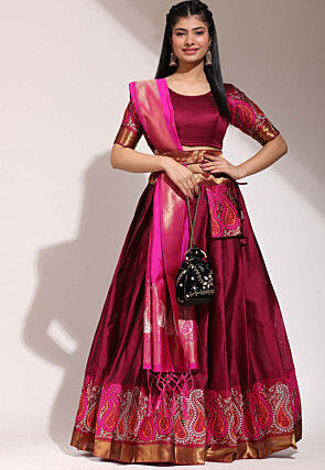 Woven Art Silk Lehenga in Maroon