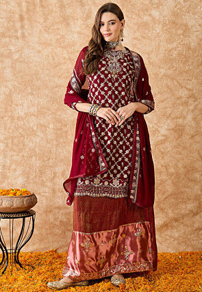 Woven Art Silk Lehenga in Maroon