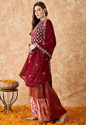 Woven Art Silk Lehenga in Maroon