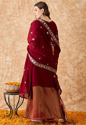 Woven Art Silk Lehenga in Maroon