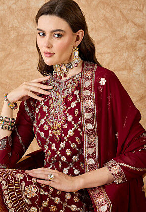Woven Art Silk Lehenga in Maroon