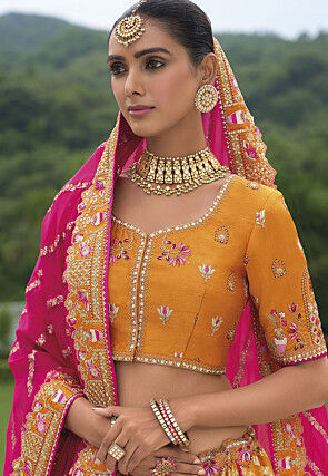 Woven Art Silk Lehenga in Mustard and Pink
